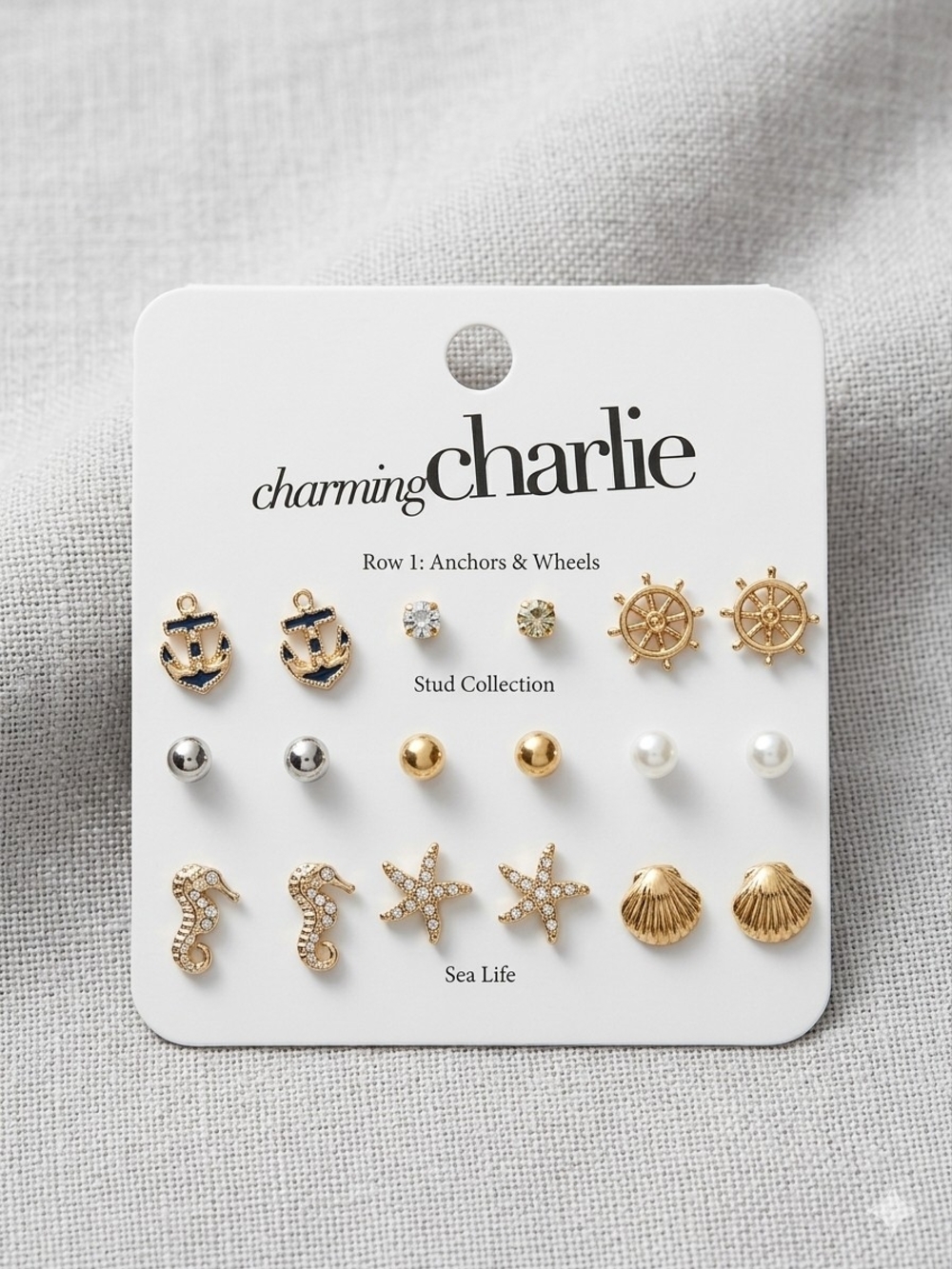 #50 9 Pairs Charming Charlie Gold, Silver & Pearl Sea Life Stud Earring Set